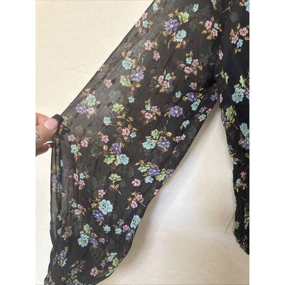 Zara Crop Black Sheer Floral Blouse Y2K Long Sleeve high mock neck keyhole sz S - Picture 10 of 15